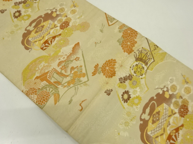 アンティーク　鼓に鶴・松・梅模様織り出し丸帯（材料）